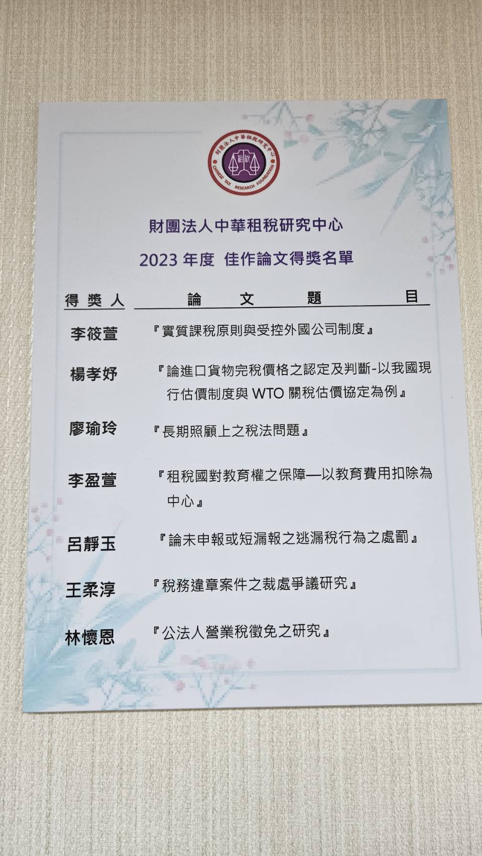 狂賀！臺大110級PMLBA畢業校友楊孝妤榮獲財團法人中華租稅研究中心2023年度論文優秀獎